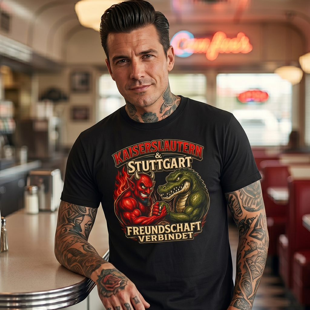 Herren T-Shirt „Kaiserslautern & Stuttgart – Freundschaft verbindet“ mit Front- & Backprint