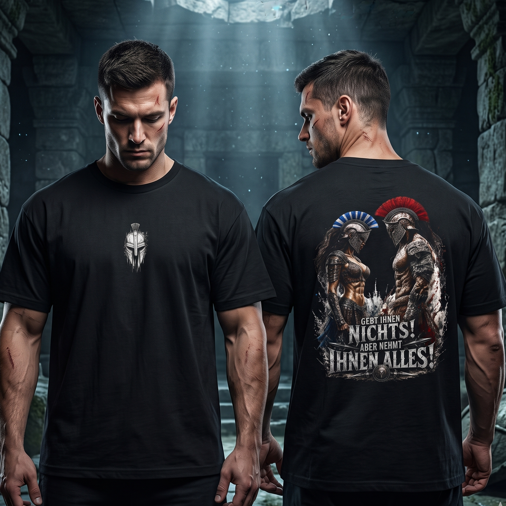Sparta Herren T-Shirt – Front & Back Print – „Gebt ihnen nichts“