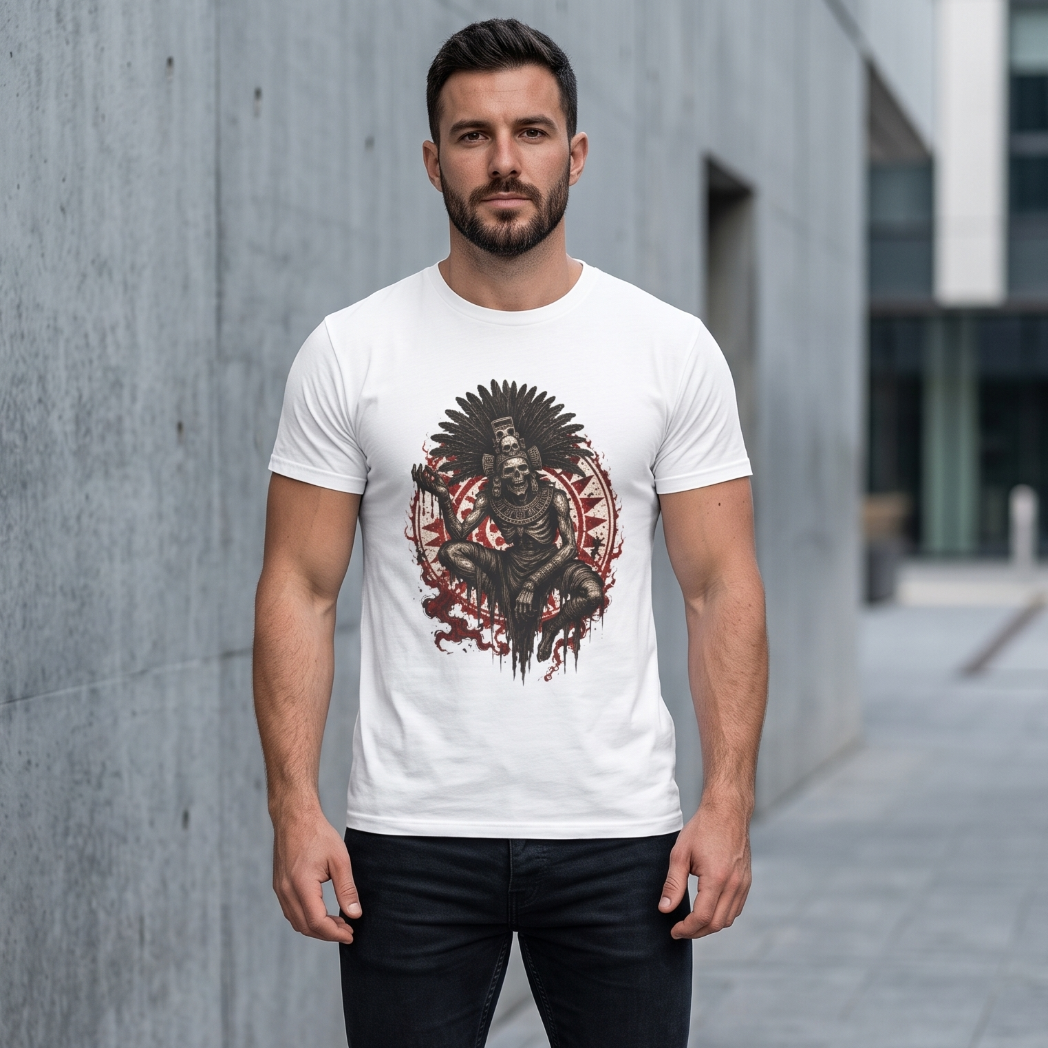 Aztec Warrior Herren T-Shirt – Tribal Skull Design