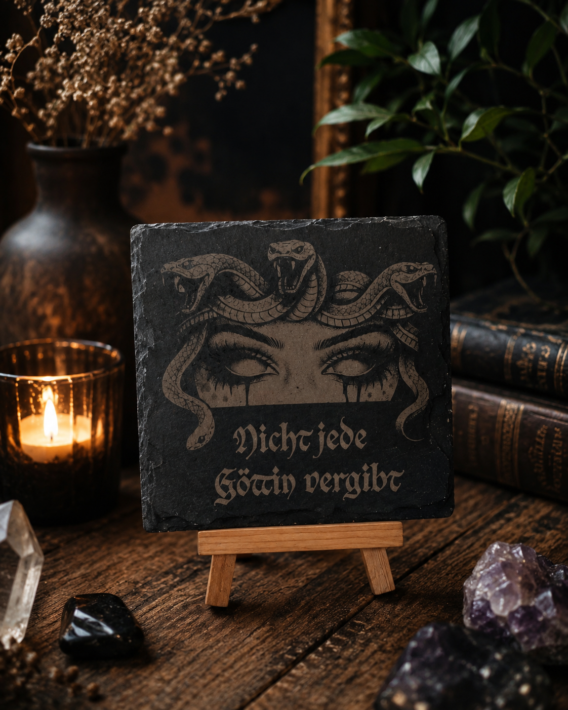 Personalisierte Schieferplatte 10×10 cm mit Portrait & Wunschtext – edle Fotogravur auf Naturschiefer