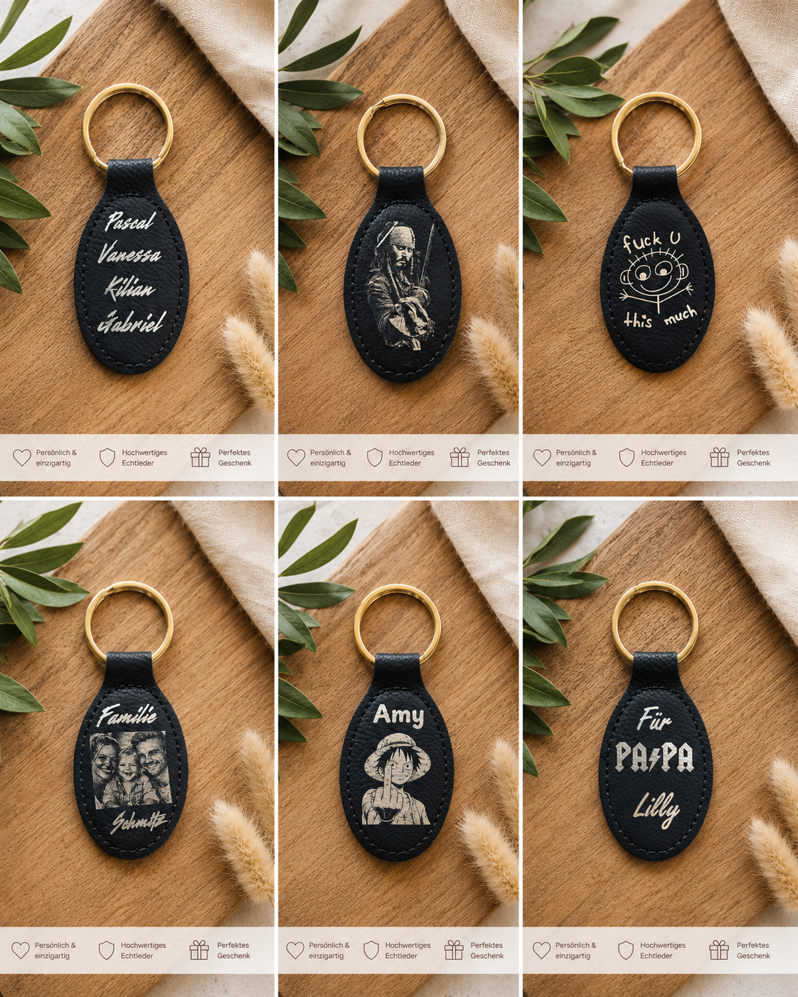 Personalisierter Leder-Schlüsselanhänger 7×3,5 cm – mit weißer Gravur, Wunschtext, Name oder Motiv