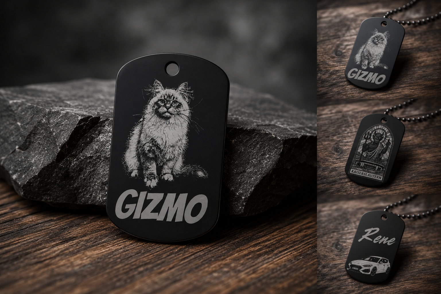 Personalisierter Dog-Tag Anhänger schwarz 4,5×3 cm – mit Wunschgravur, Foto, Name oder Text